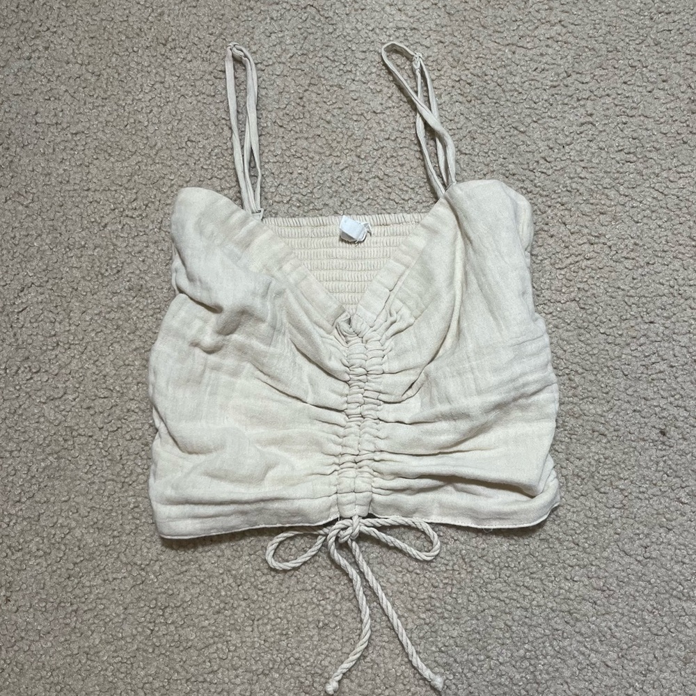 Aerie linen oatmeal color cropped tank top with tie detail size XS